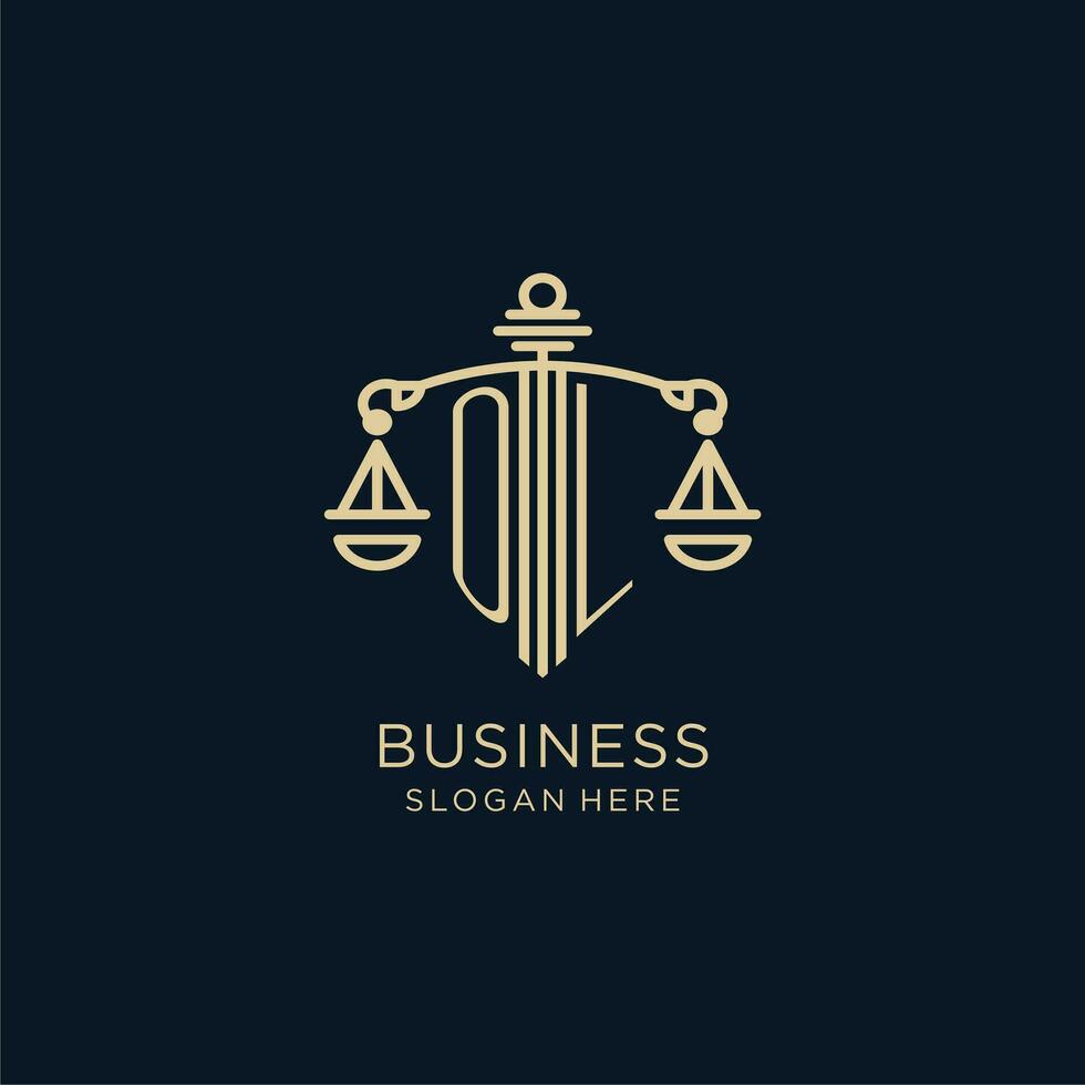 eerste ol logo met schild en balans van gerechtigheid, luxe en modern wet firma logo ontwerp vector