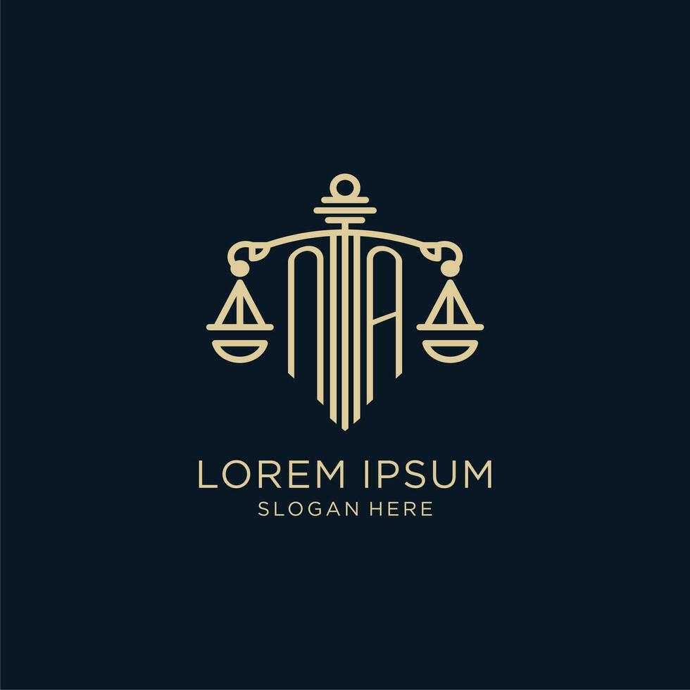 eerste na logo met schild en balans van gerechtigheid, luxe en modern wet firma logo ontwerp vector