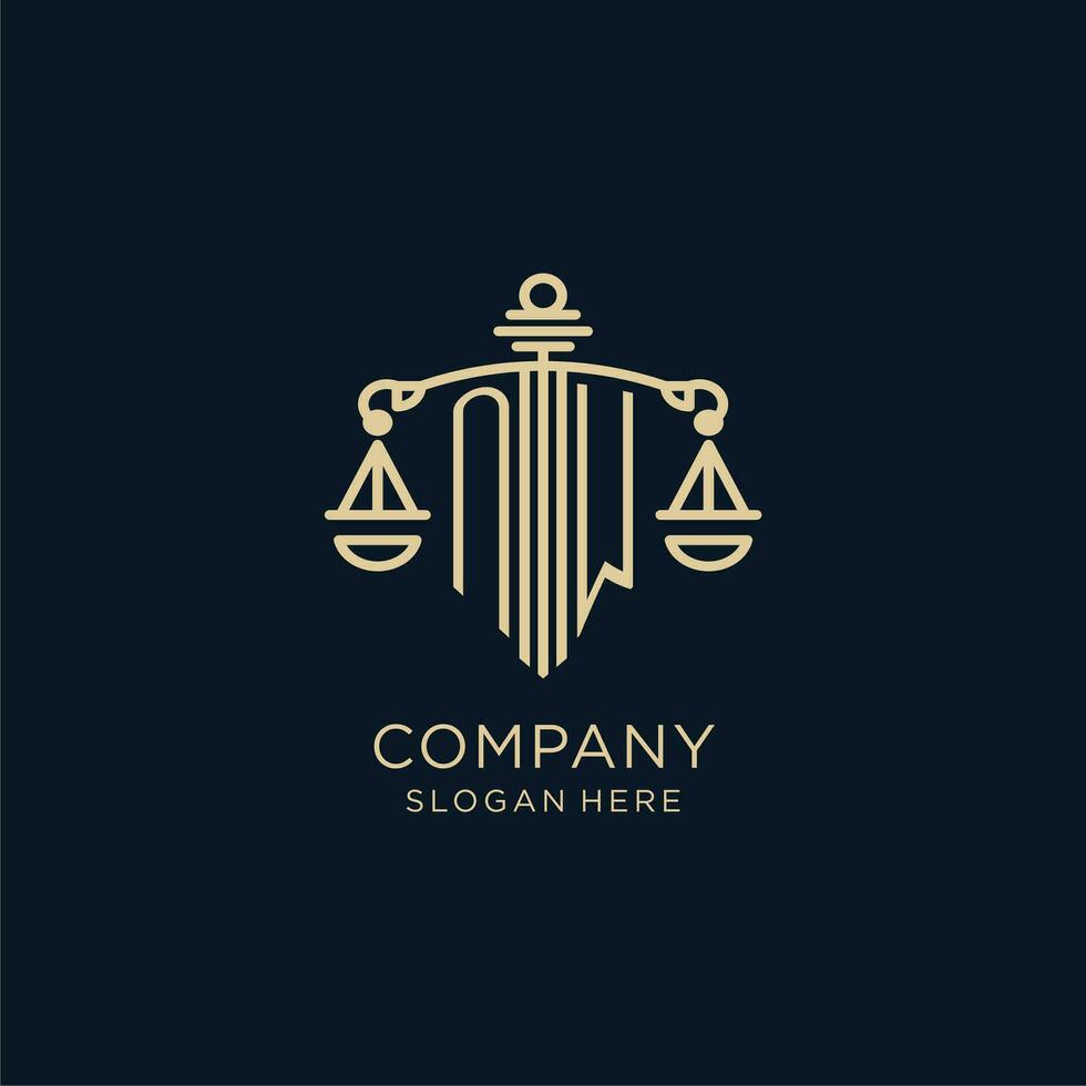 eerste nw logo met schild en balans van gerechtigheid, luxe en modern wet firma logo ontwerp vector