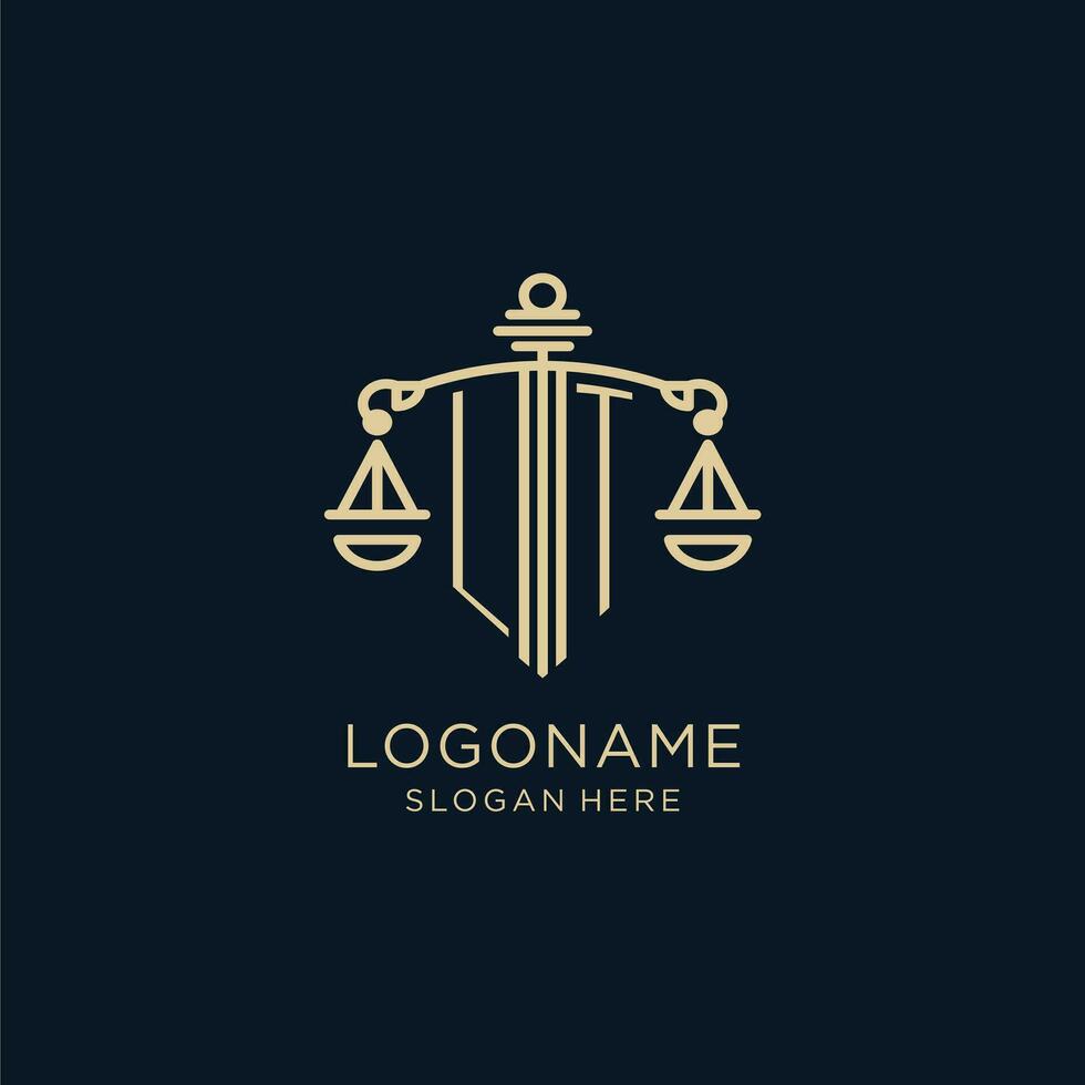 eerste lt logo met schild en balans van gerechtigheid, luxe en modern wet firma logo ontwerp vector