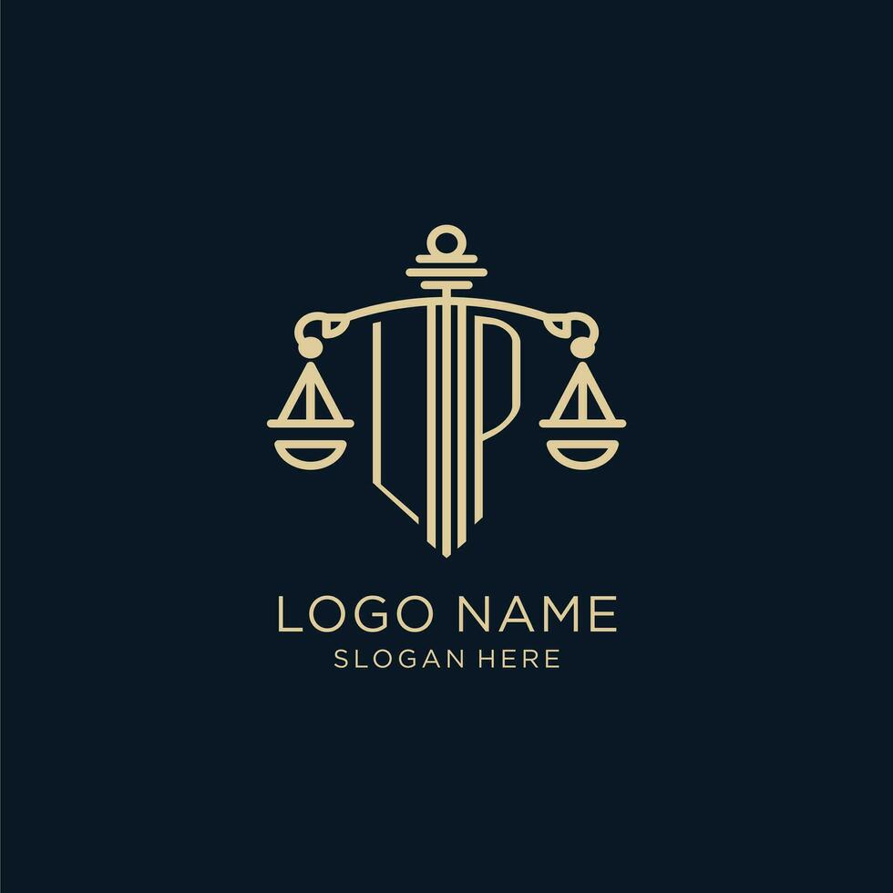 eerste lp logo met schild en balans van gerechtigheid, luxe en modern wet firma logo ontwerp vector