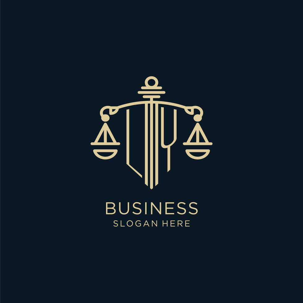 eerste ly logo met schild en balans van gerechtigheid, luxe en modern wet firma logo ontwerp vector