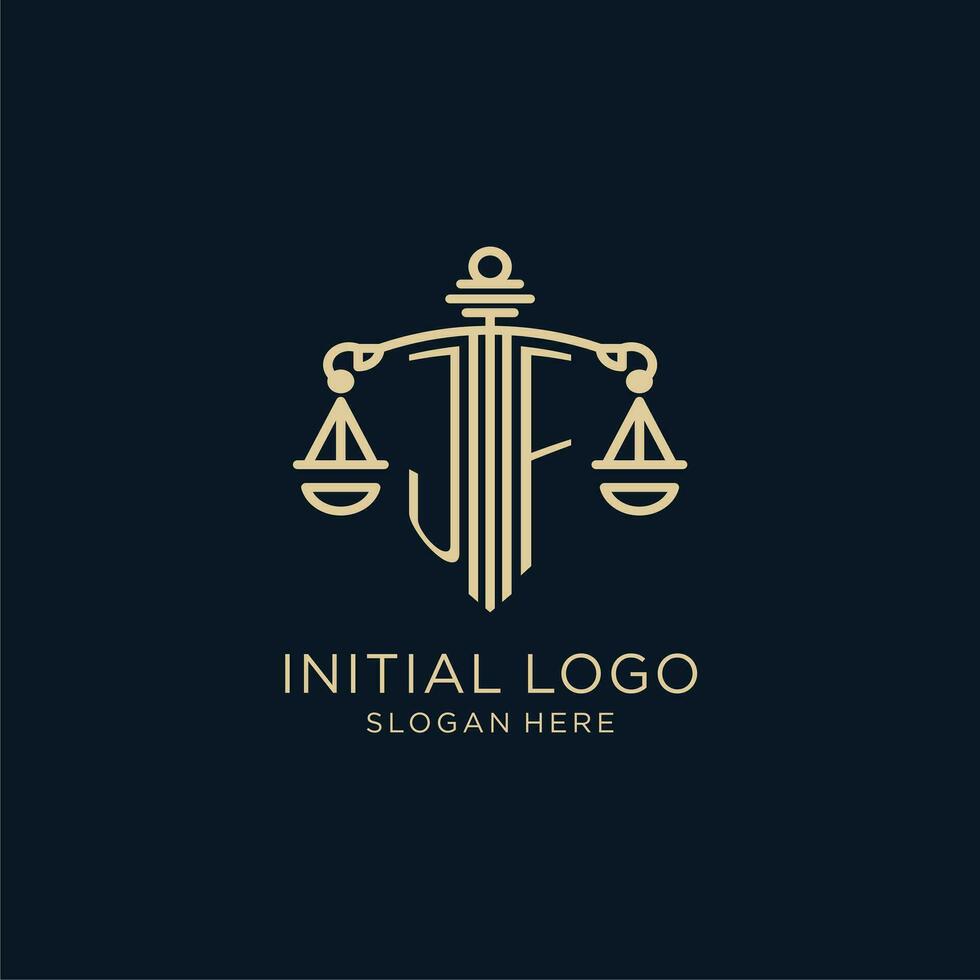 eerste jf logo met schild en balans van gerechtigheid, luxe en modern wet firma logo ontwerp vector