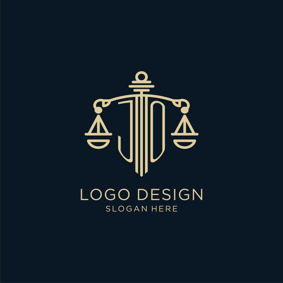 eerste jo logo met schild en balans van gerechtigheid, luxe en modern wet firma logo ontwerp vector