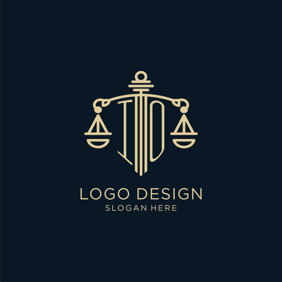 eerste io logo met schild en balans van gerechtigheid, luxe en modern wet firma logo ontwerp vector