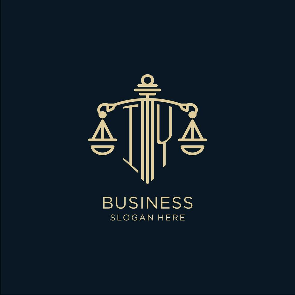eerste iy logo met schild en balans van gerechtigheid, luxe en modern wet firma logo ontwerp vector