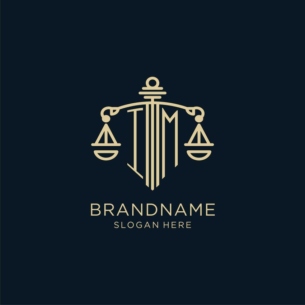 eerste im logo met schild en balans van gerechtigheid, luxe en modern wet firma logo ontwerp vector