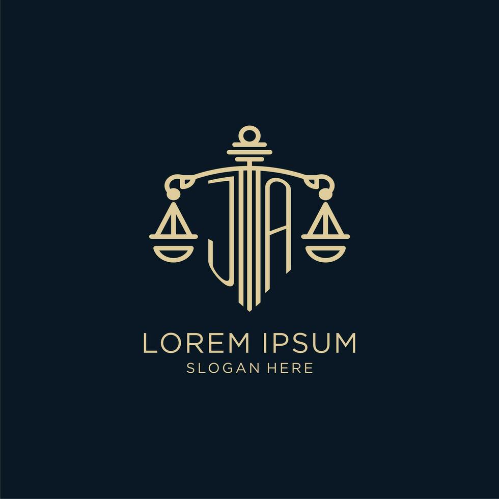 eerste ja logo met schild en balans van gerechtigheid, luxe en modern wet firma logo ontwerp vector