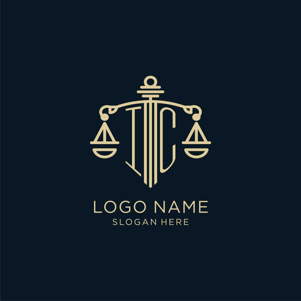 eerste ic logo met schild en balans van gerechtigheid, luxe en modern wet firma logo ontwerp vector