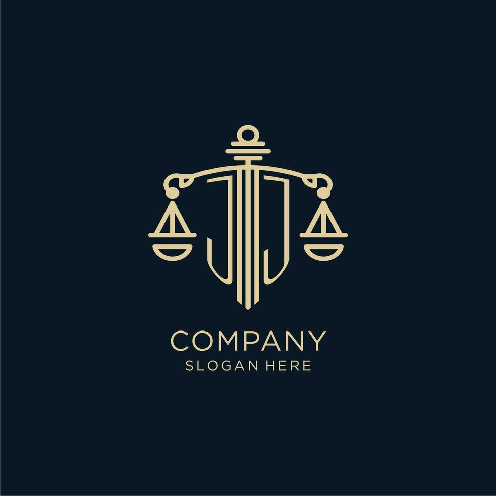 eerste jj logo met schild en balans van gerechtigheid, luxe en modern wet firma logo ontwerp vector