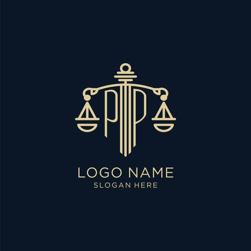 eerste pp logo met schild en balans van gerechtigheid, luxe en modern wet firma logo ontwerp vector