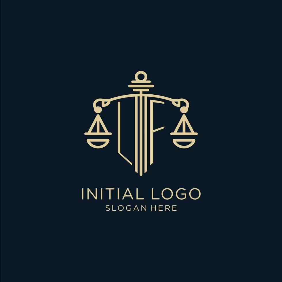 eerste lf logo met schild en balans van gerechtigheid, luxe en modern wet firma logo ontwerp vector