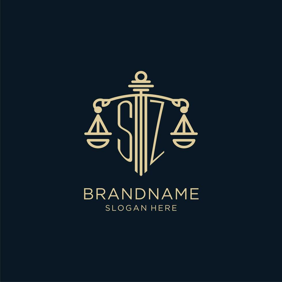 eerste sz logo met schild en balans van gerechtigheid, luxe en modern wet firma logo ontwerp vector