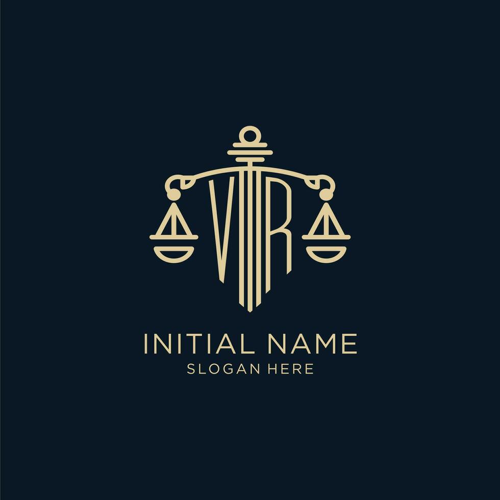 eerste vr logo met schild en balans van gerechtigheid, luxe en modern wet firma logo ontwerp vector