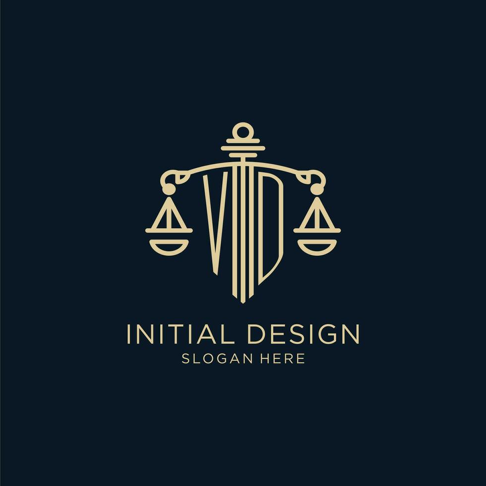 eerste vd logo met schild en balans van gerechtigheid, luxe en modern wet firma logo ontwerp vector