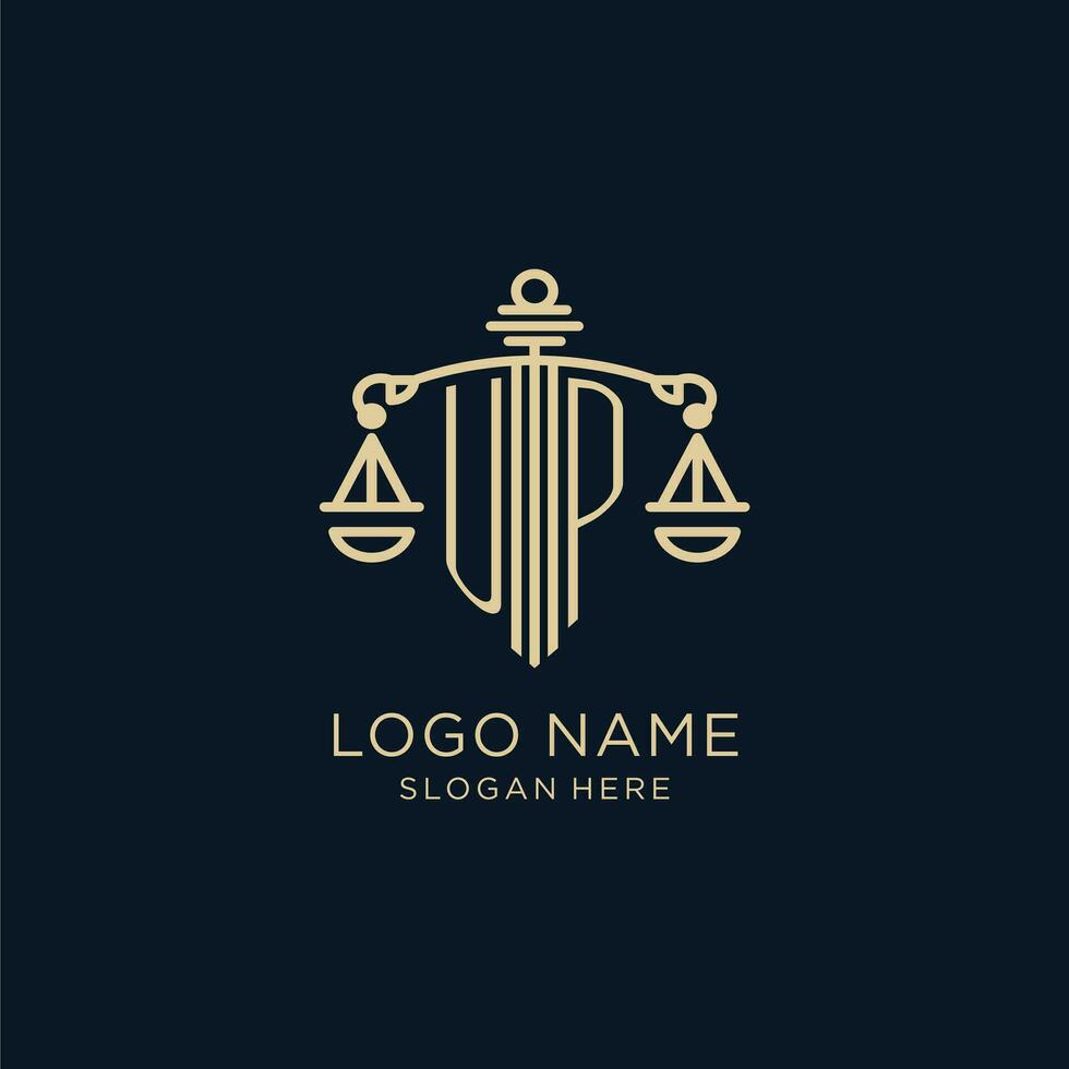 eerste omhoog logo met schild en balans van gerechtigheid, luxe en modern wet firma logo ontwerp vector