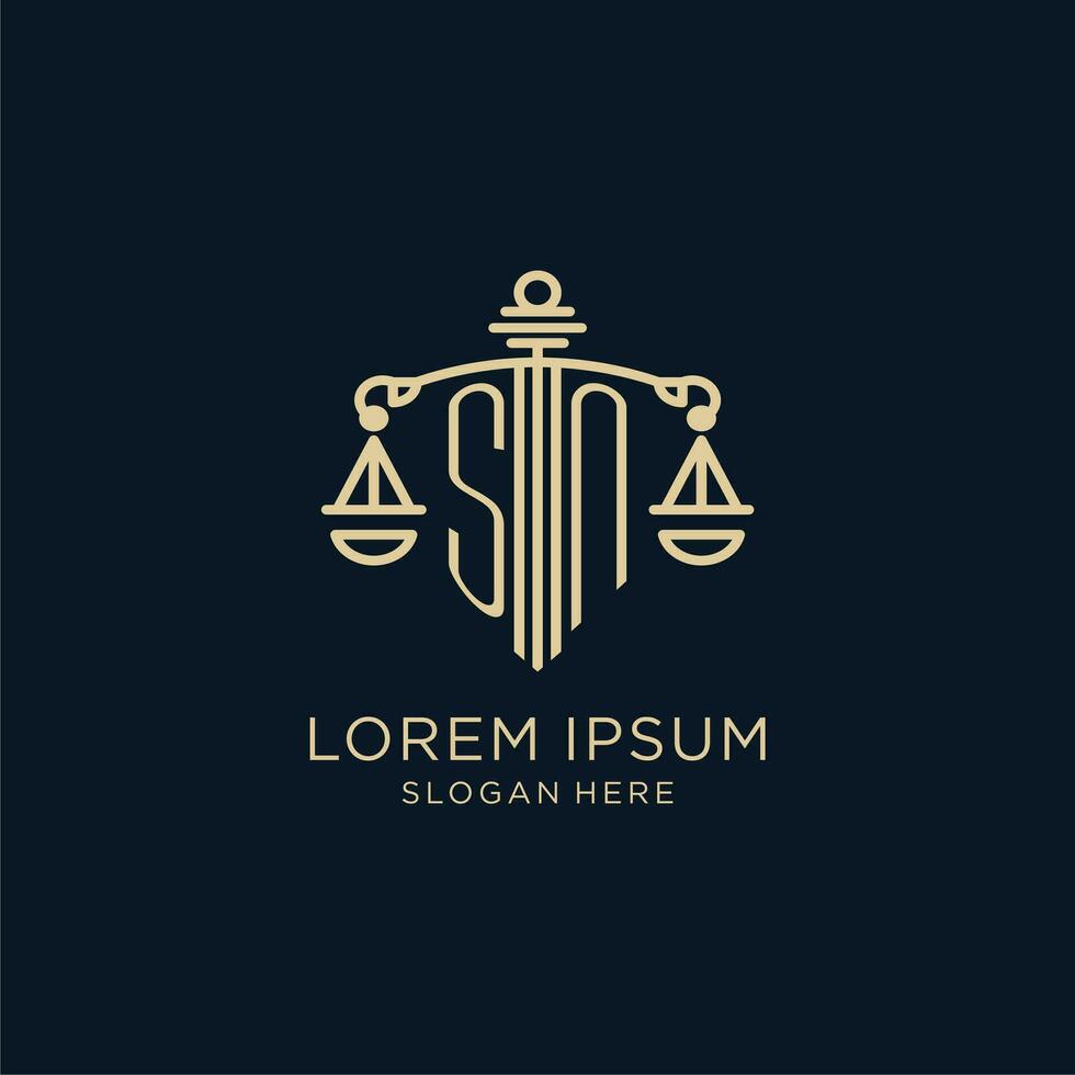 eerste sn logo met schild en balans van gerechtigheid, luxe en modern wet firma logo ontwerp vector