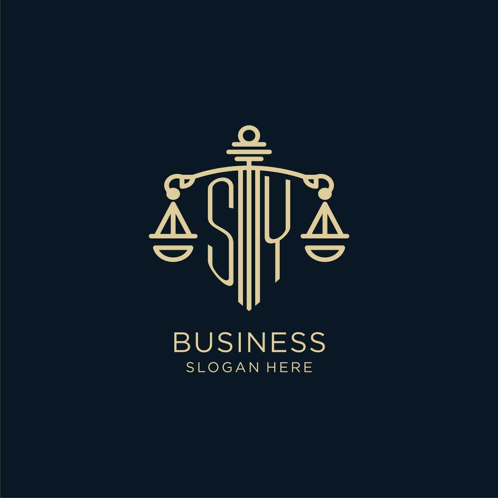 eerste sy logo met schild en balans van gerechtigheid, luxe en modern wet firma logo ontwerp vector