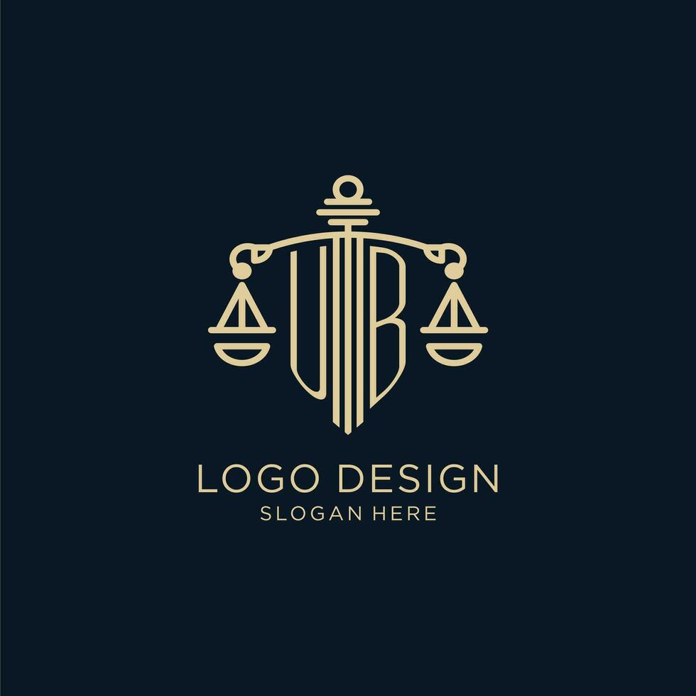 eerste ub logo met schild en balans van gerechtigheid, luxe en modern wet firma logo ontwerp vector