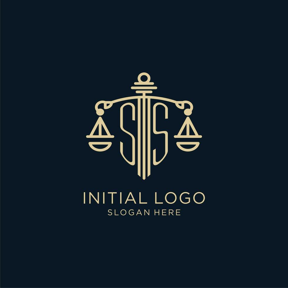 eerste ss logo met schild en balans van gerechtigheid, luxe en modern wet firma logo ontwerp vector
