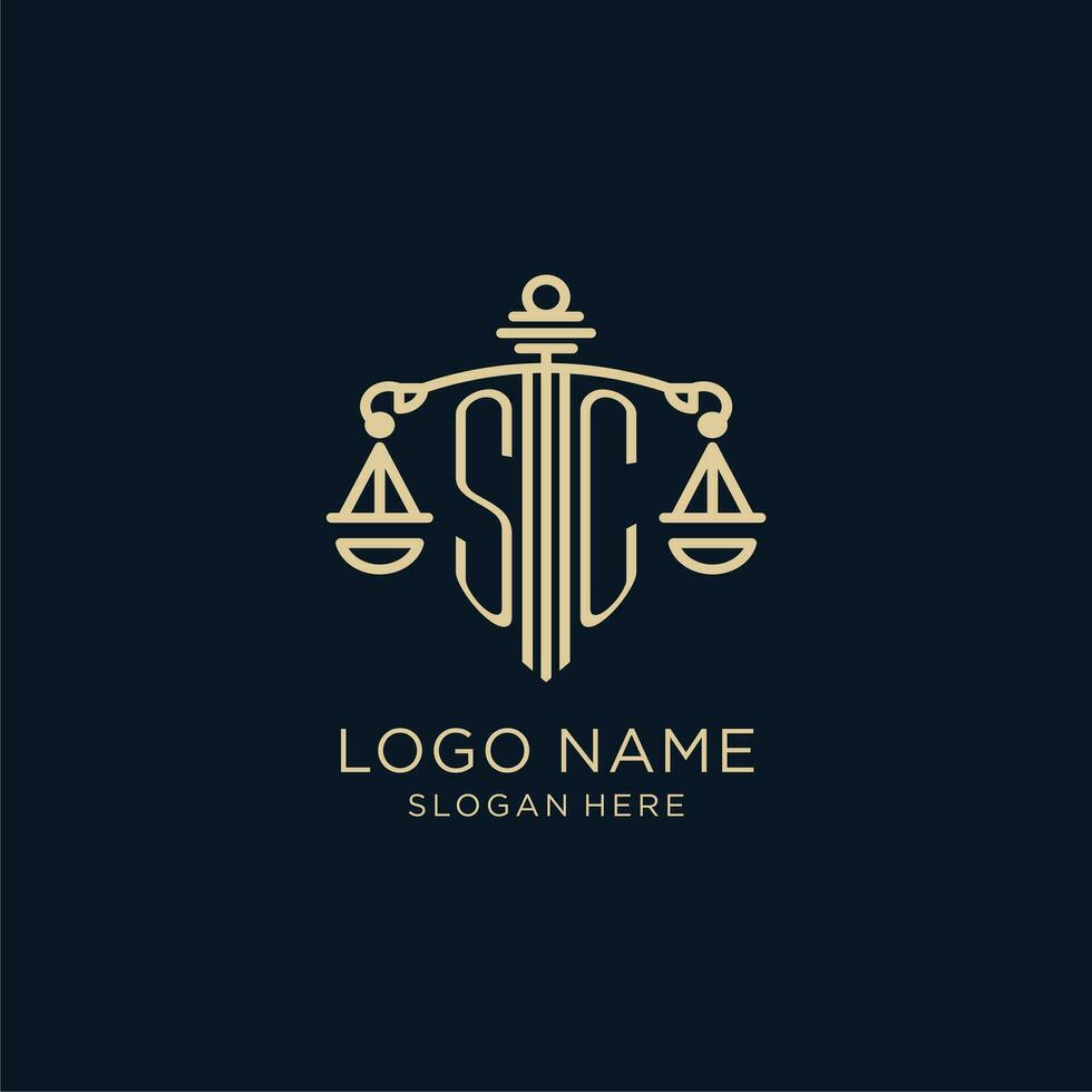 eerste sc logo met schild en balans van gerechtigheid, luxe en modern wet firma logo ontwerp vector