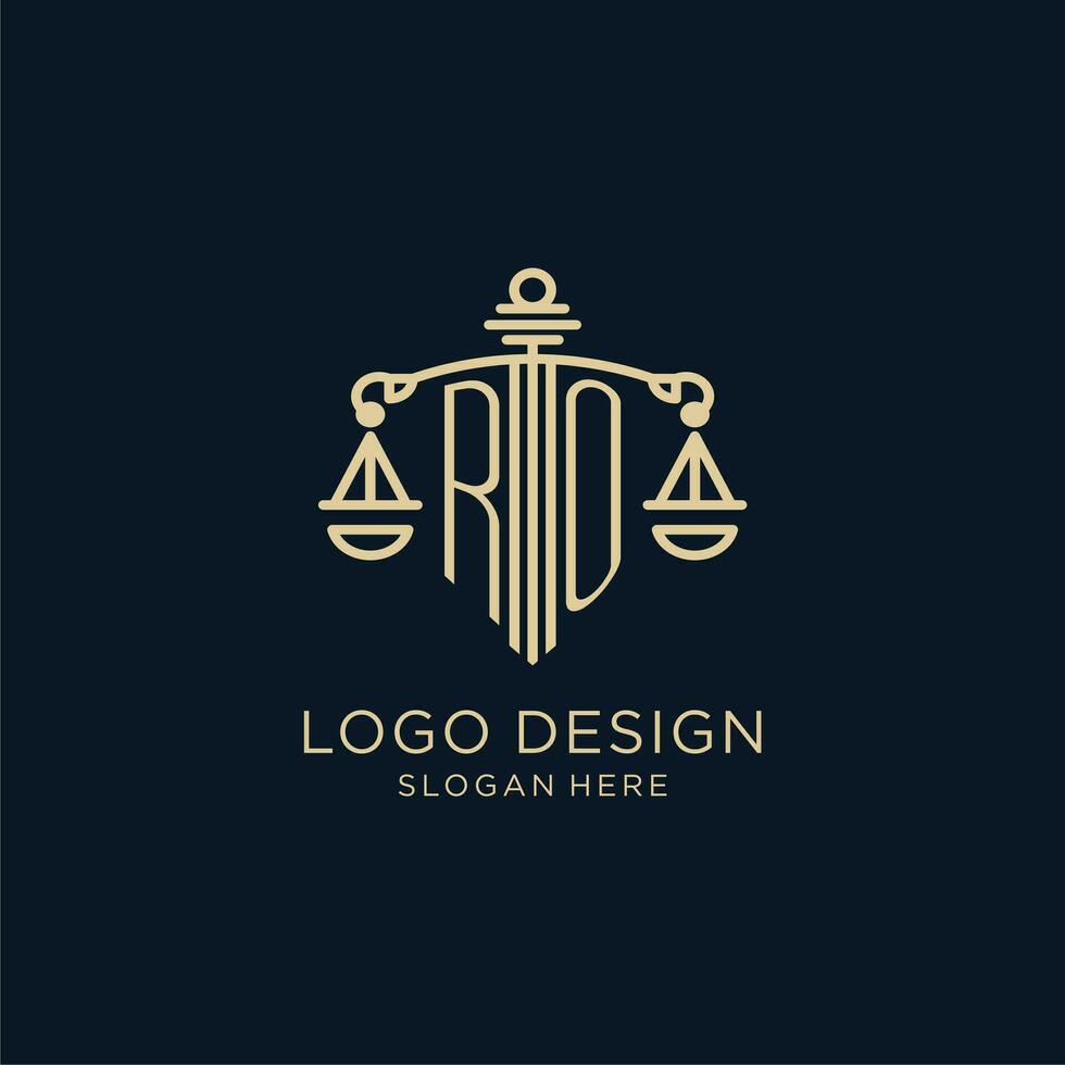 eerste ro logo met schild en balans van gerechtigheid, luxe en modern wet firma logo ontwerp vector