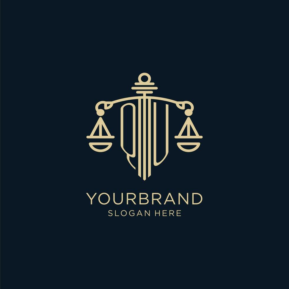 eerste qu logo met schild en balans van gerechtigheid, luxe en modern wet firma logo ontwerp vector