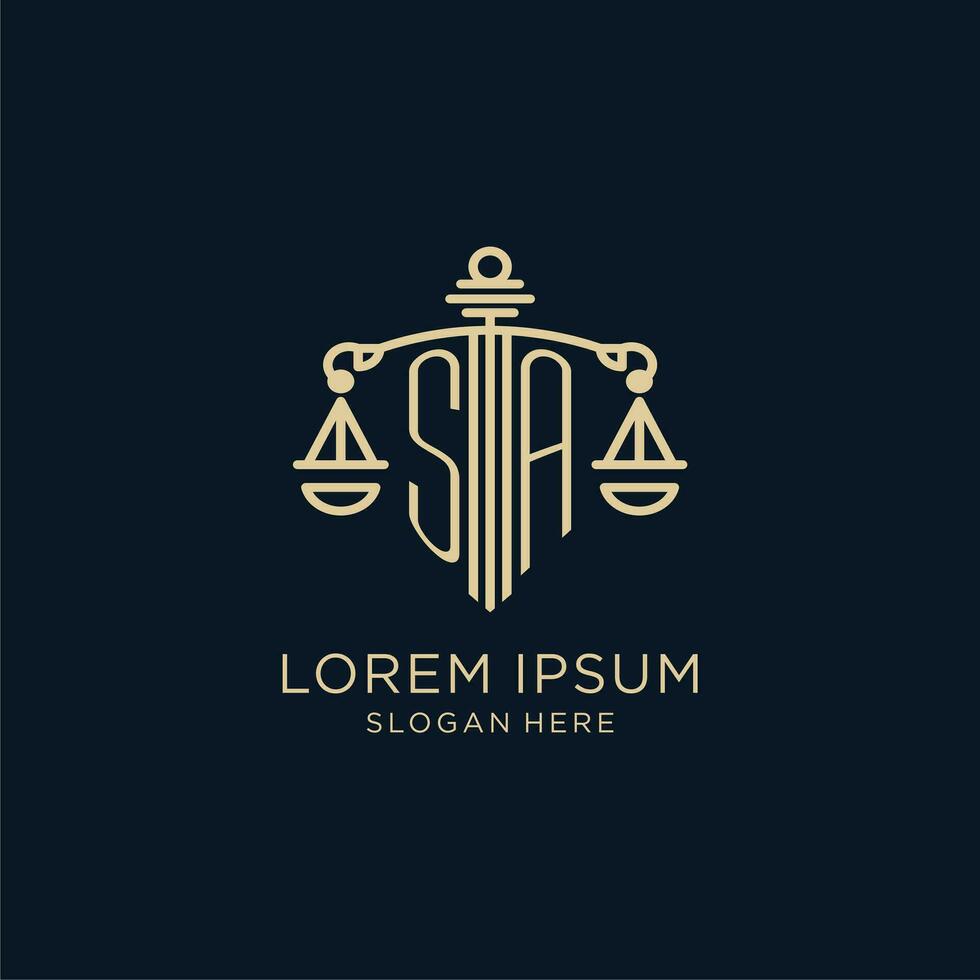 eerste sa logo met schild en balans van gerechtigheid, luxe en modern wet firma logo ontwerp vector