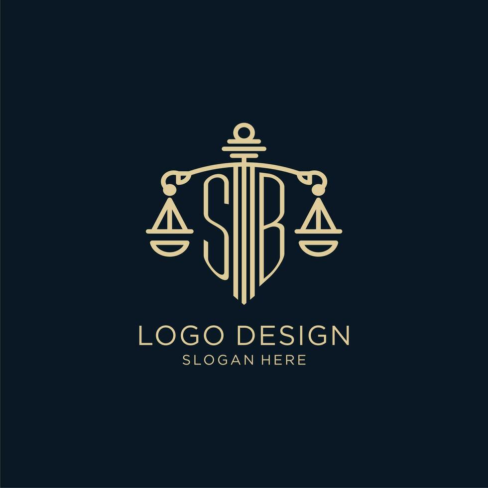 eerste sb logo met schild en balans van gerechtigheid, luxe en modern wet firma logo ontwerp vector