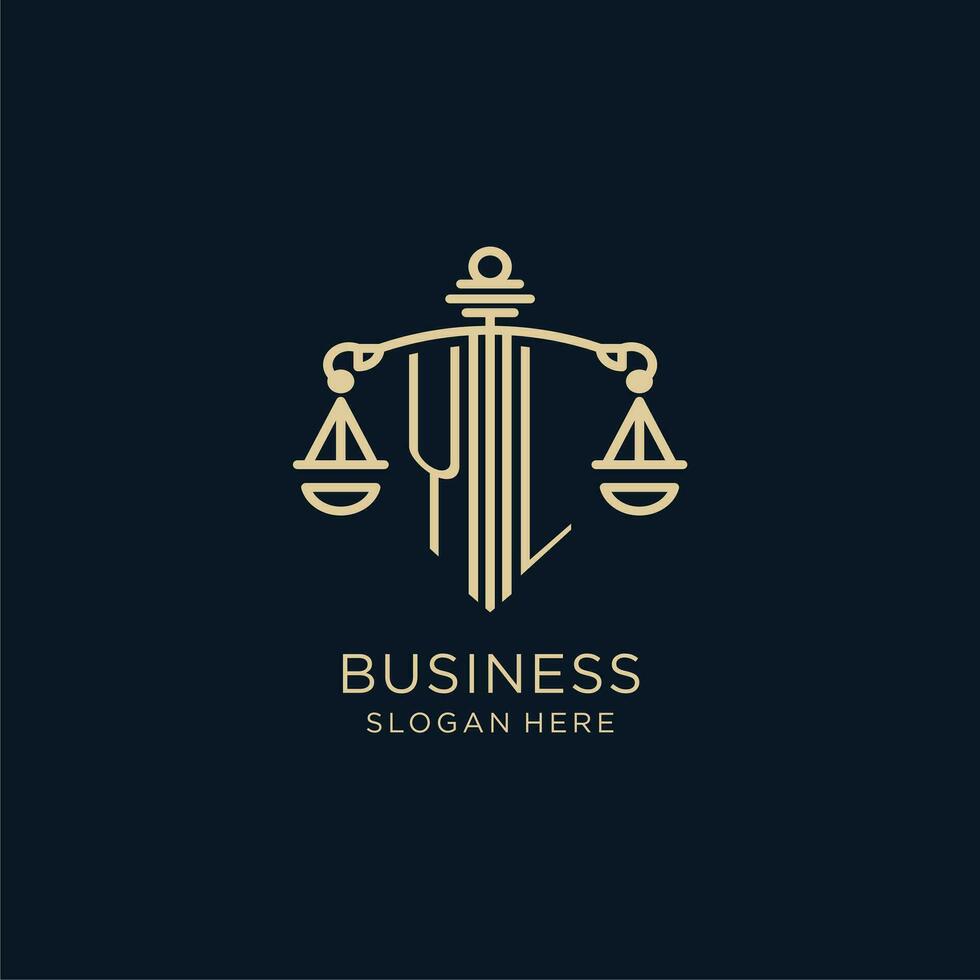 eerste yl logo met schild en balans van gerechtigheid, luxe en modern wet firma logo ontwerp vector