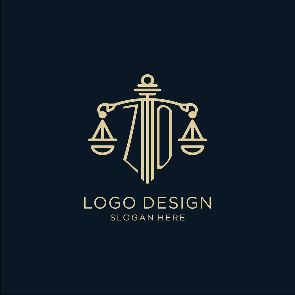 eerste zo logo met schild en balans van gerechtigheid, luxe en modern wet firma logo ontwerp vector