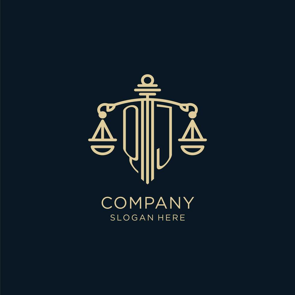 eerste qj logo met schild en balans van gerechtigheid, luxe en modern wet firma logo ontwerp vector