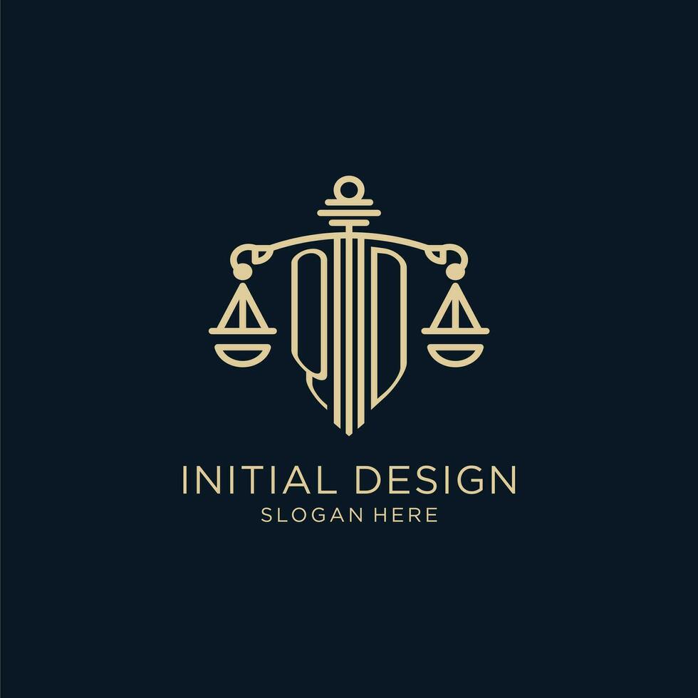 eerste qd logo met schild en balans van gerechtigheid, luxe en modern wet firma logo ontwerp vector