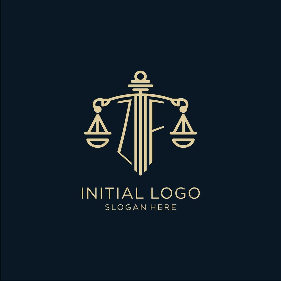 eerste zf logo met schild en balans van gerechtigheid, luxe en modern wet firma logo ontwerp vector