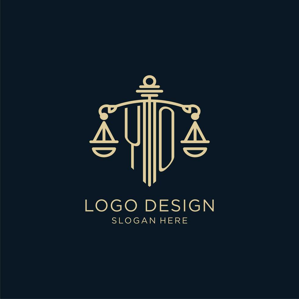 eerste yo logo met schild en balans van gerechtigheid, luxe en modern wet firma logo ontwerp vector