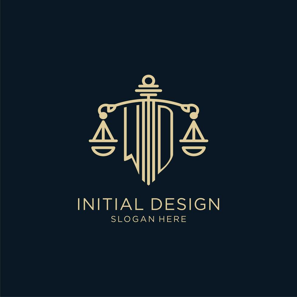eerste wd logo met schild en balans van gerechtigheid, luxe en modern wet firma logo ontwerp vector
