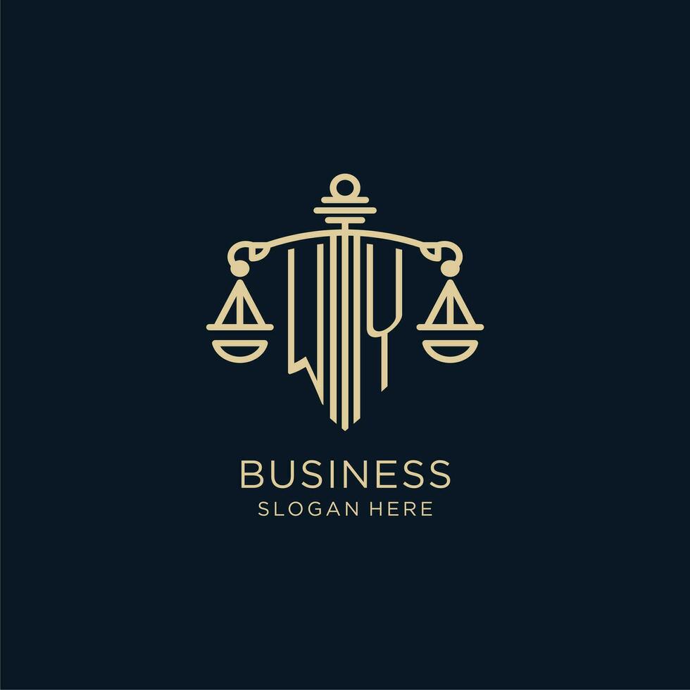eerste wy logo met schild en balans van gerechtigheid, luxe en modern wet firma logo ontwerp vector