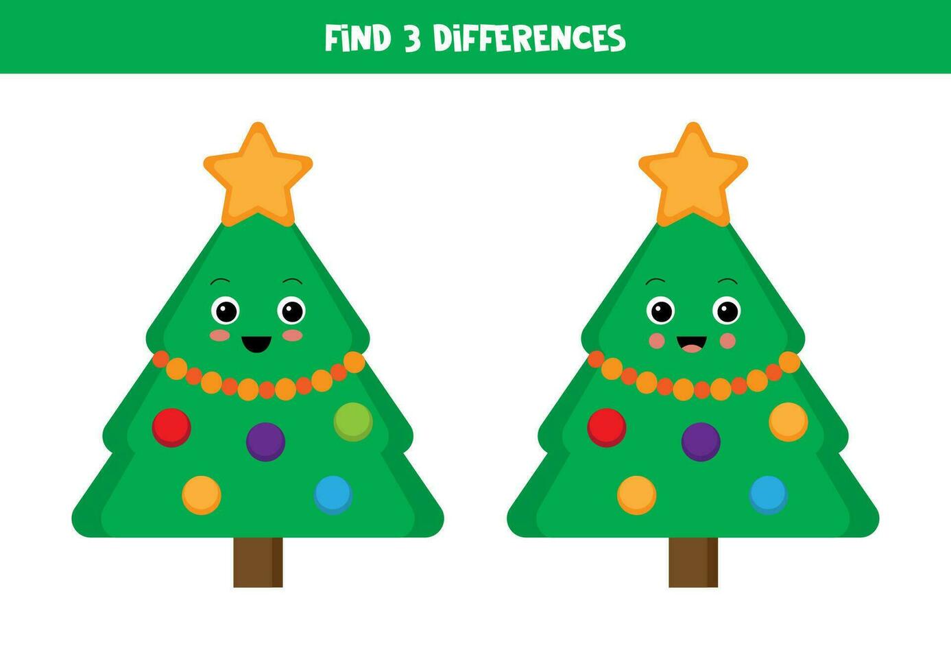 vind 3 verschillen tussen twee schattig tekenfilm Kerstmis bomen. vector