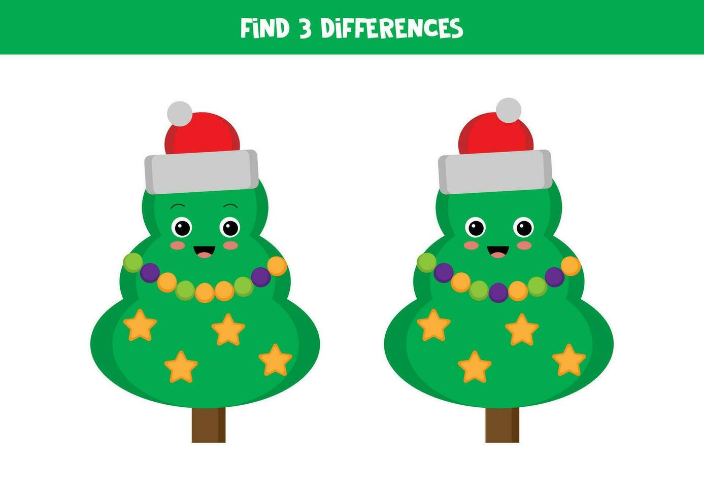 vind 3 verschillen tussen twee schattig tekenfilm Kerstmis bomen. vector