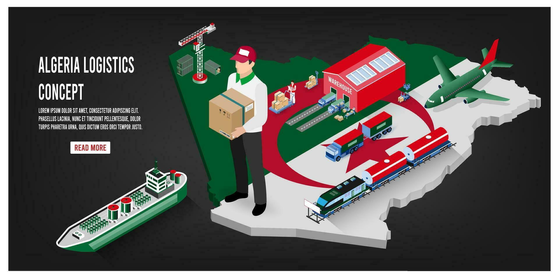 modern isometrische concept van Algerije vervoer met globaal logistiek, magazijn logistiek, zee vracht logistiek. gemakkelijk naar Bewerk en aanpassen. vector illustratie eps10