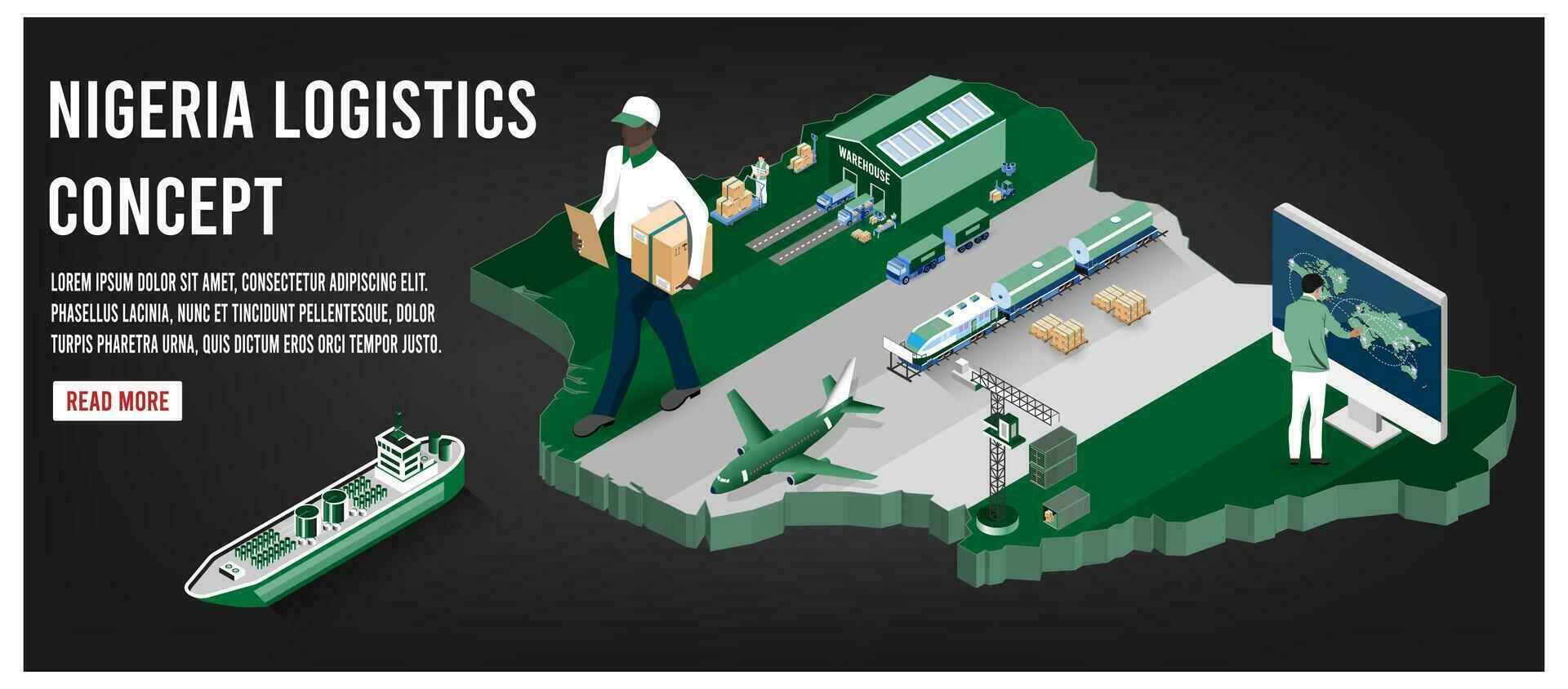 modern isometrische concept van Nigeria vervoer met globaal logistiek, magazijn logistiek, zee vracht logistiek. gemakkelijk naar Bewerk en aanpassen. vector illustratie eps10