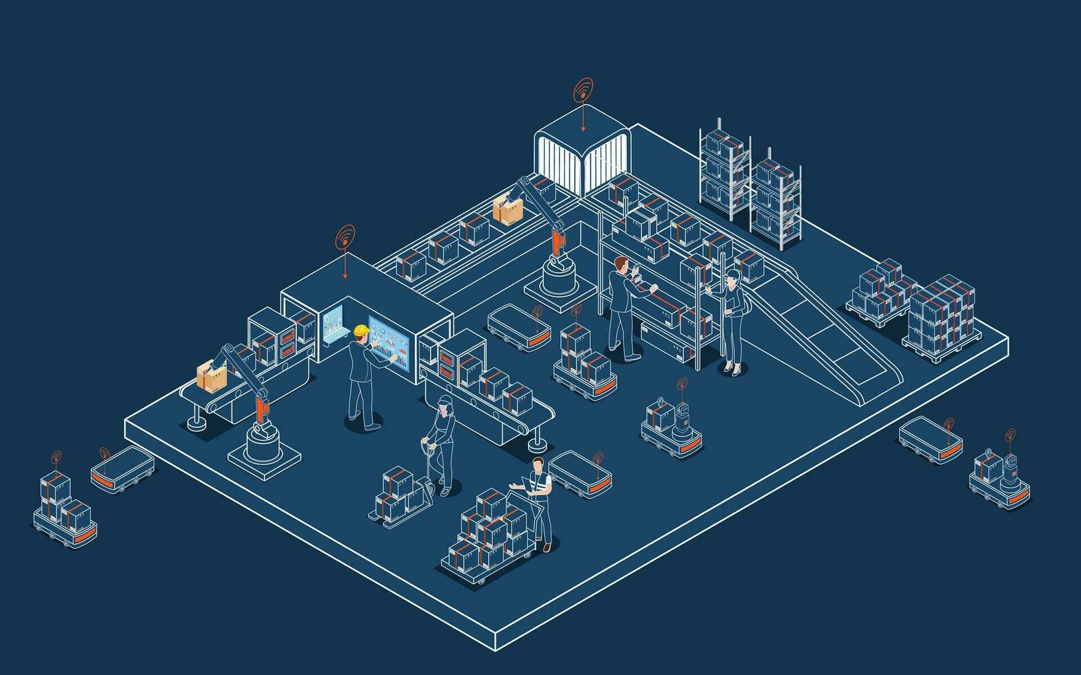 geautomatiseerd magazijn robots en slim magazijn technologie concept met magazijn automatisering systeem, autonoom robot, vervoer operatie onderhoud. vector illustratie eps 10