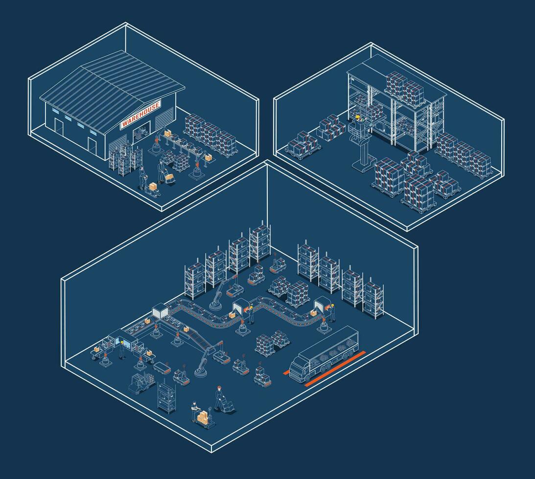 magazijn beheer met autonoom robot vervoer operatie onderhoud en automatisering in Product beheer, ai systemen voor werk. vector illustratie eps 10