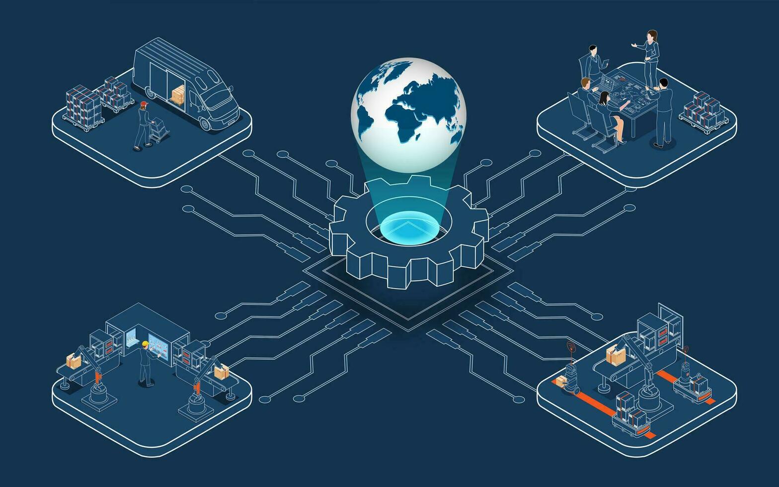 3d isometrische globaal logistiek netwerk concept met vervoer operatie onderhoud, levering keten beheer - scm, bedrijf logistiek processen. vector illustratie eps 10