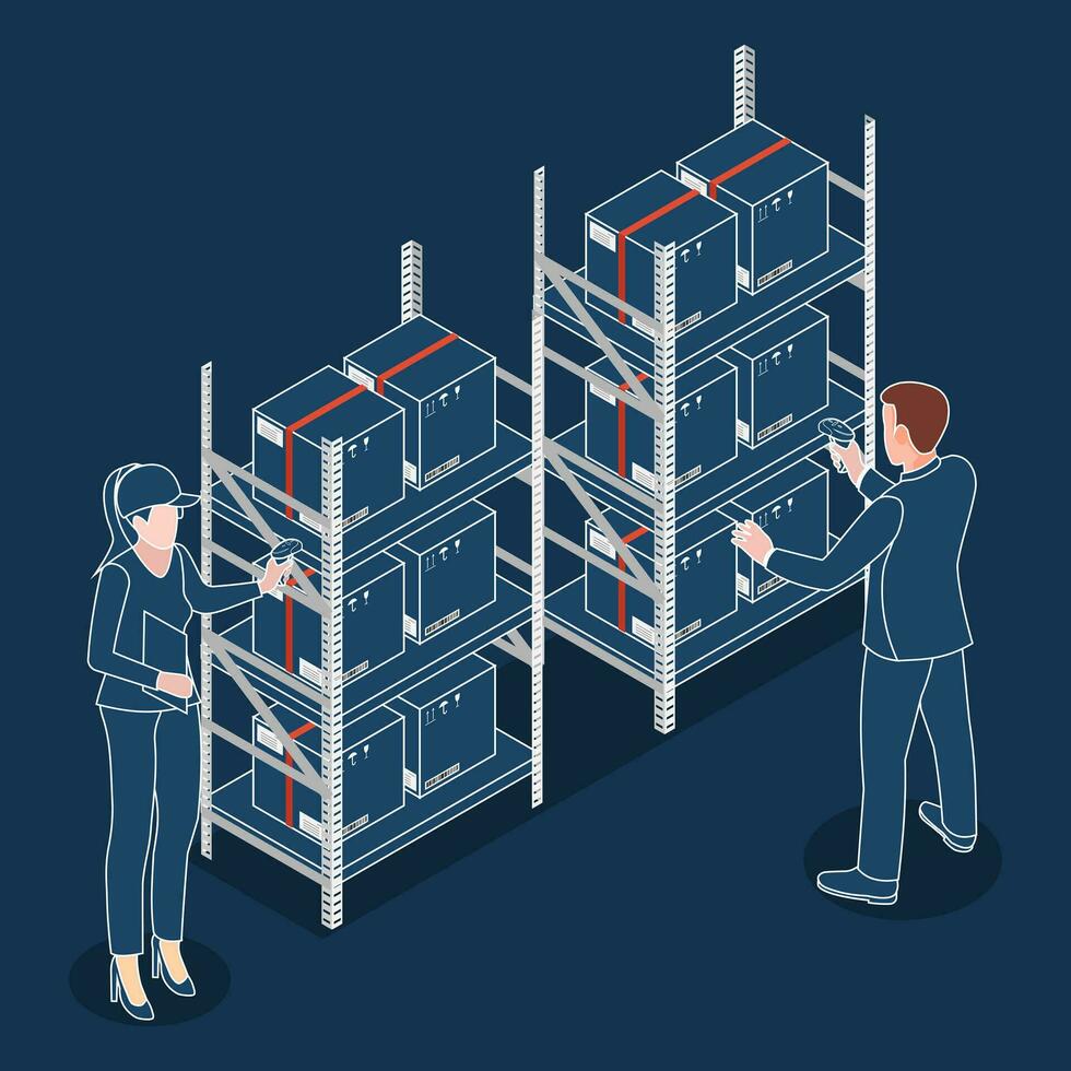 mannetje en vrouw magazijn arbeider gebruik makend van bar code scanner naar analyseren nieuw aangekomen goederen. vector illustratie eps10