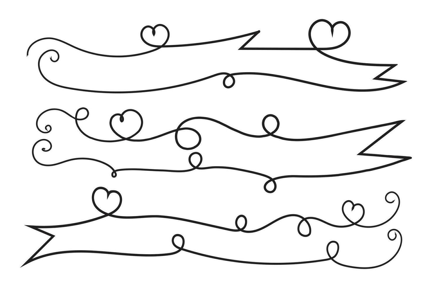 valentijnsdag dag gekruld harten stijl schoonschrift schets lint, hand- tekening kalligrafische hart lint vector banier, decoratief harten romantisch liefde tekst banier, hart rol lijn schets lint