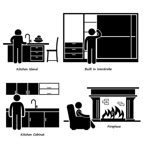 Home House Ingebouwde meubels stok figuur Pictogram pictogram Cliparts. vector