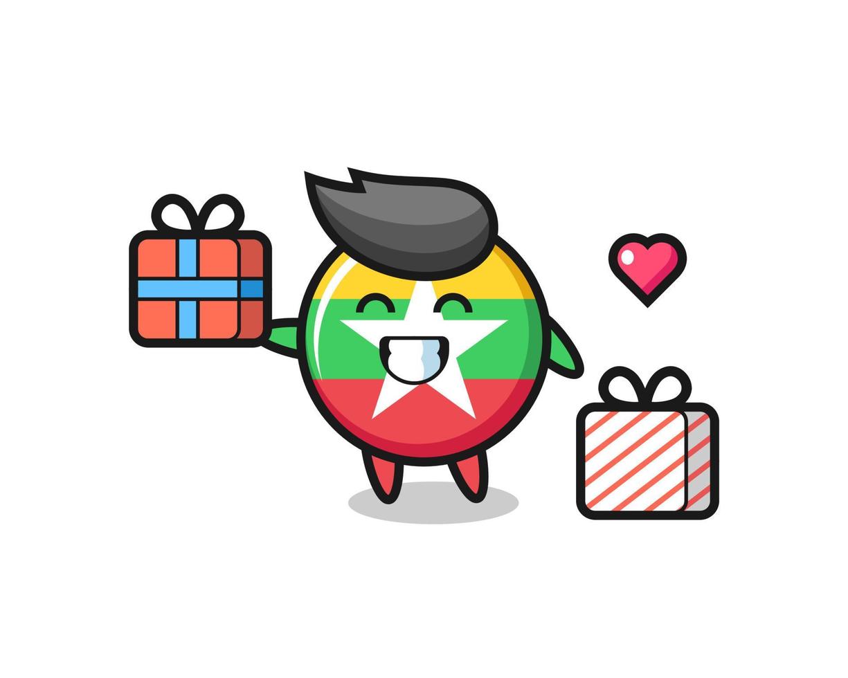 myanmar vlag badge mascotte cartoon geeft het geschenk vector