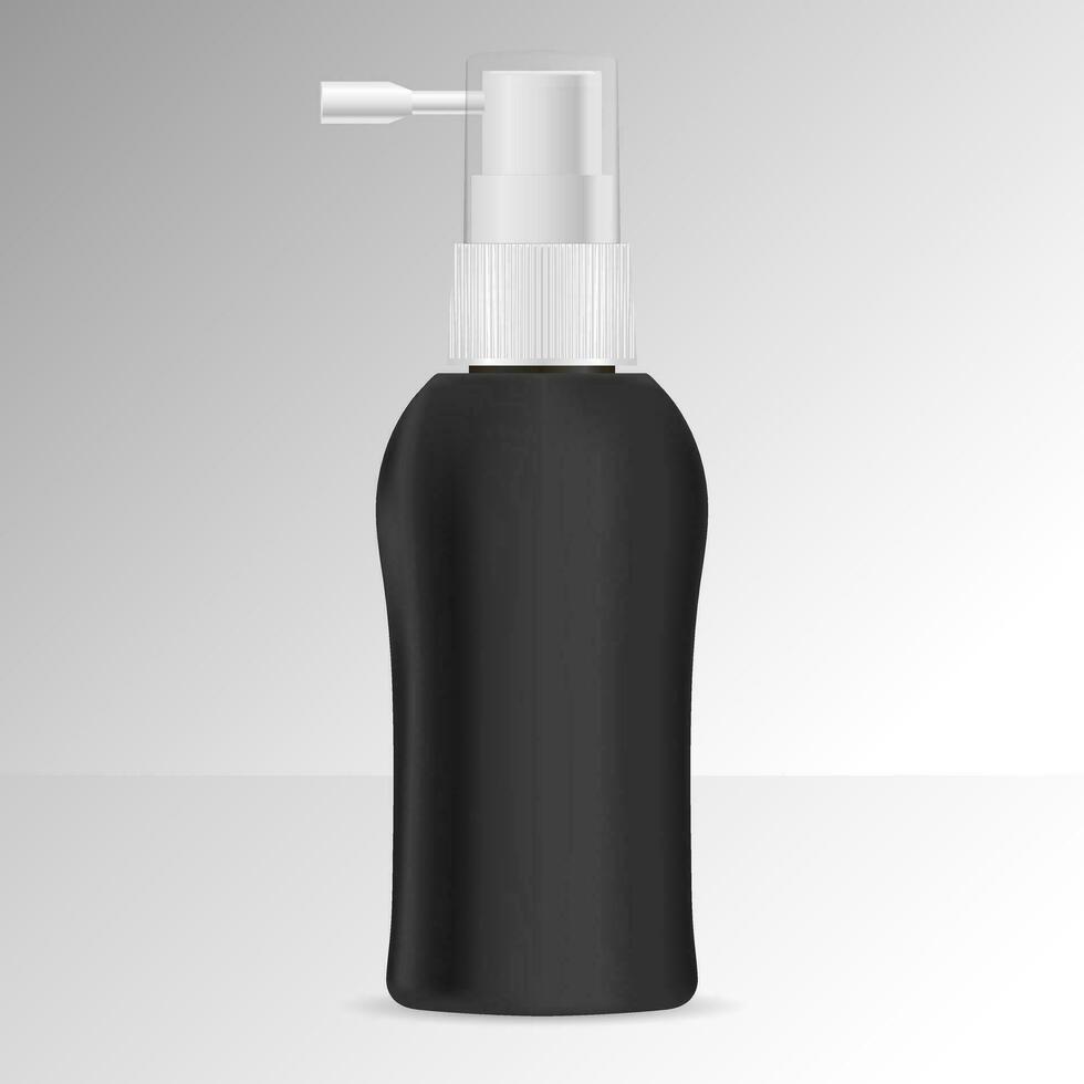 zwart pomp fles mockup met wit kap. eps10 vector illustratie. plastic dispenser pot voor vloeistof zeep, gel, shampoo.