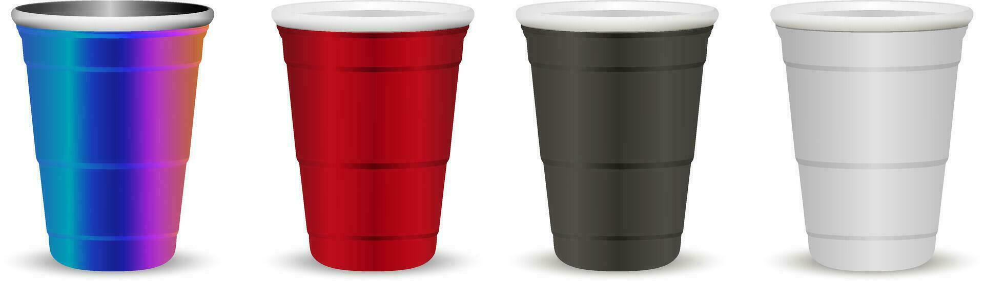 partij cups bespotten omhoog reeks realistisch 3d vector illustratie. beschikbaar papier, plastic en metalen cups voor drankjes en spellen, viering.